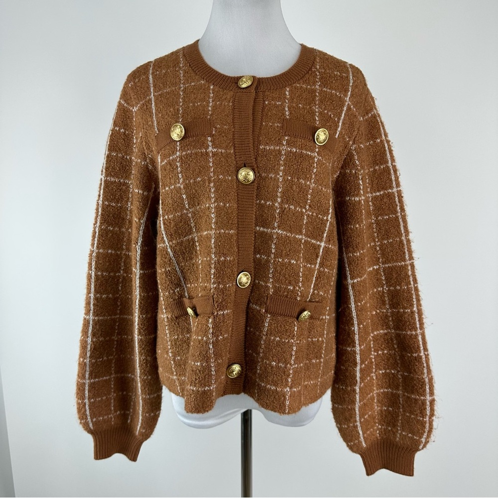 Marled Windowpane Button Front Cardigan Sweater Size Large